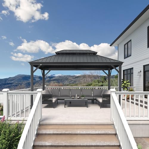 10' x 14' Permanent Hardtop Gazebo with Galvanized Steel Double Roof, Curtains and Netting Included M96664