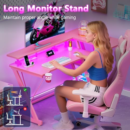 L Shaped Gaming Desk with Power Outlet and LED Lights T64283