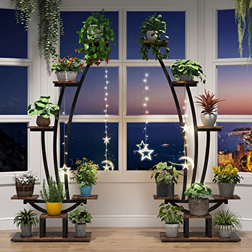 6-Tier Tall Plant Stand, Metal Curved Display Shelf with Hanging Hooks Q77495