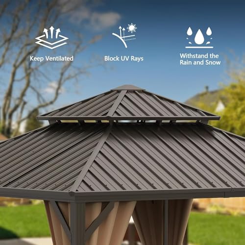10 x 10 ft Hardtop Gazebo with Netting and Curtains, Galvanized Steel Roof for Patio and Garden X50618
