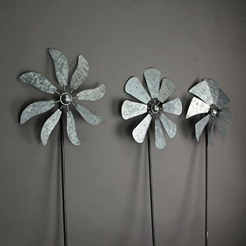 Set of 3 Galvanized Grey Windmill Garden Stakes, 41 Inches P5411