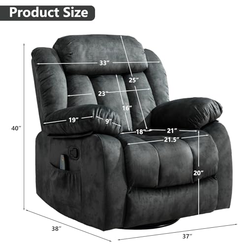 Massage Swivel Rocker Recliner Chair with Heat and Vibration, 360 Degree Swivel Manual Recliners, Grey Y4896