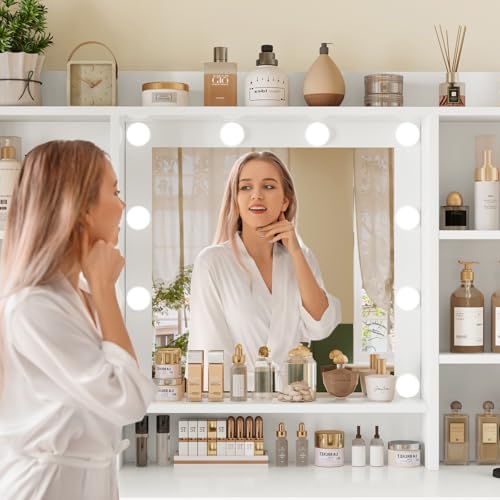 Vanity Desk with Mirror and Lights, 9 Drawers, 6 Open Shelves, Adjustable Brightness, White W8407