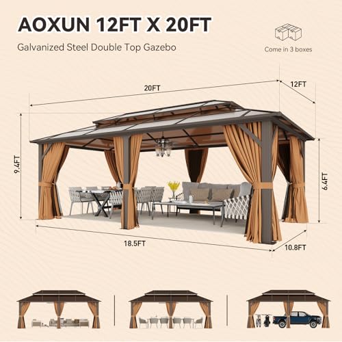 12x16 Hardtop Gazebo with Netting and Curtains, Aluminum Frame, Polycarbonate Roof N71921