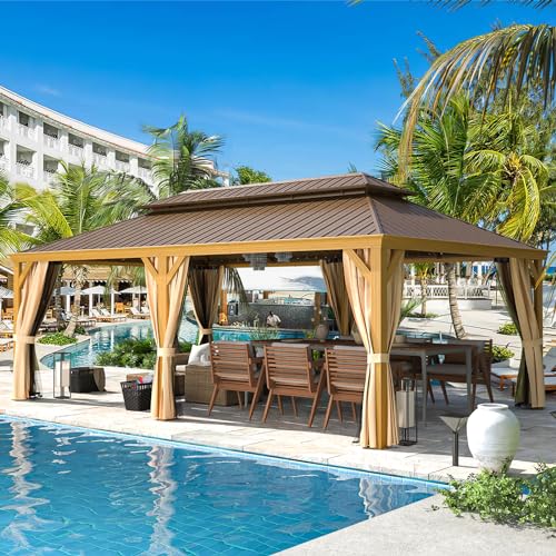 12x16 ft Hardtop Gazebo with Galvanized Steel Roof, Curtains and Netting V821