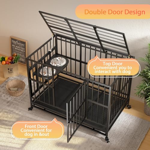 48" Heavy-Duty Dog Crate with Wheels and Dual Adjustable Bowls F169
