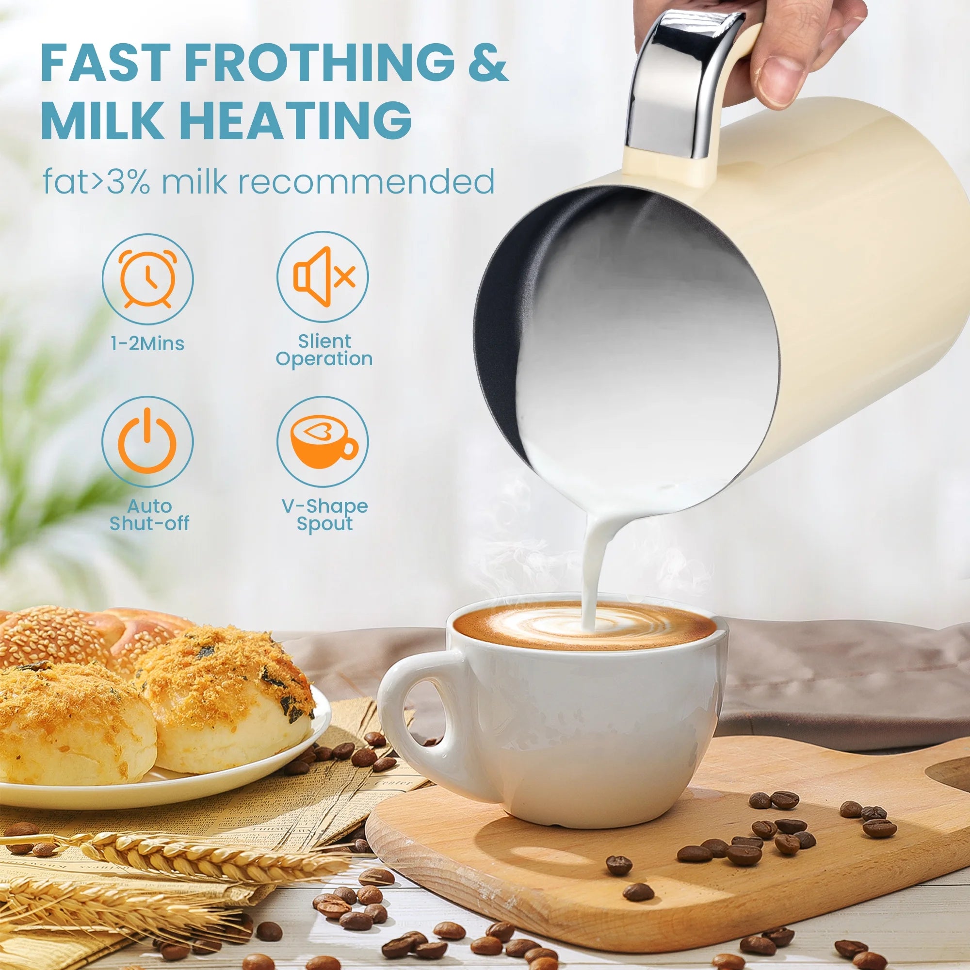 Electric Milk Frother and Steamer with 4 Settings for Coffee, Latte, Cappuccino T2905