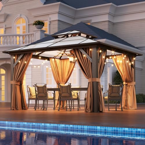 12x16 Hardtop Gazebo with Netting and Curtains, Aluminum Frame, Polycarbonate Roof N71921