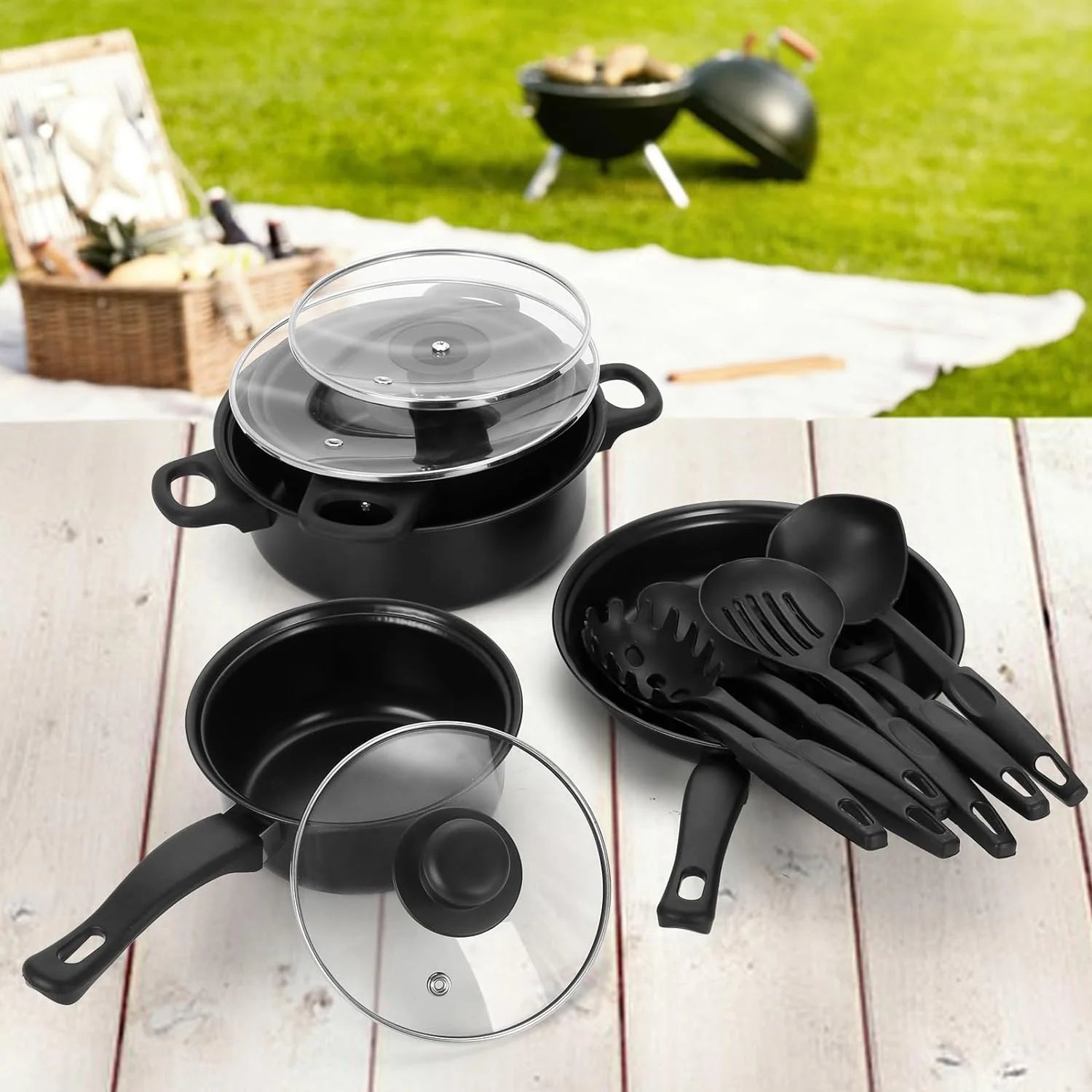 Non-Stick Cookware Set, 13 Piece, Portable with Glass Lids J188