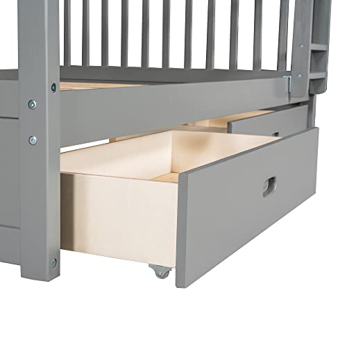 Twin Over Full Bunk Bed with Slide and Stairs for Kids E212