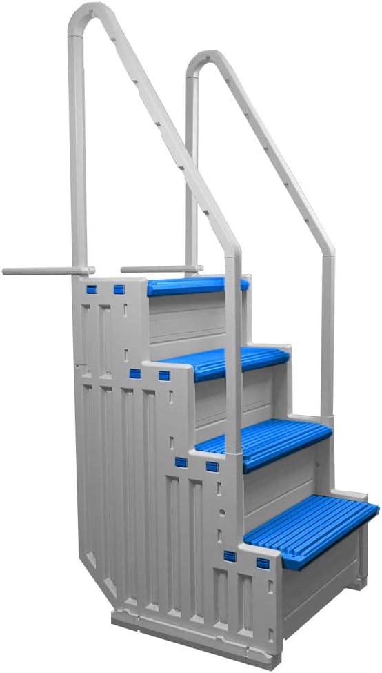 Above Ground Swimming Pool Step & Ladder, Heavy Duty, White Frame with Blue and Gray Steps, Deck Height Up to 60 Inches V291