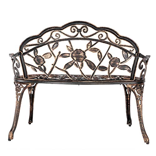 Outdoor Metal Rose Bench for Patio Garden, Cast Iron Frame, 2-Person Seat X288723