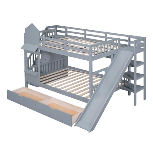 Kids Bunk Bed with Stairs and Slide, Twin Over Twin, Gray E77813