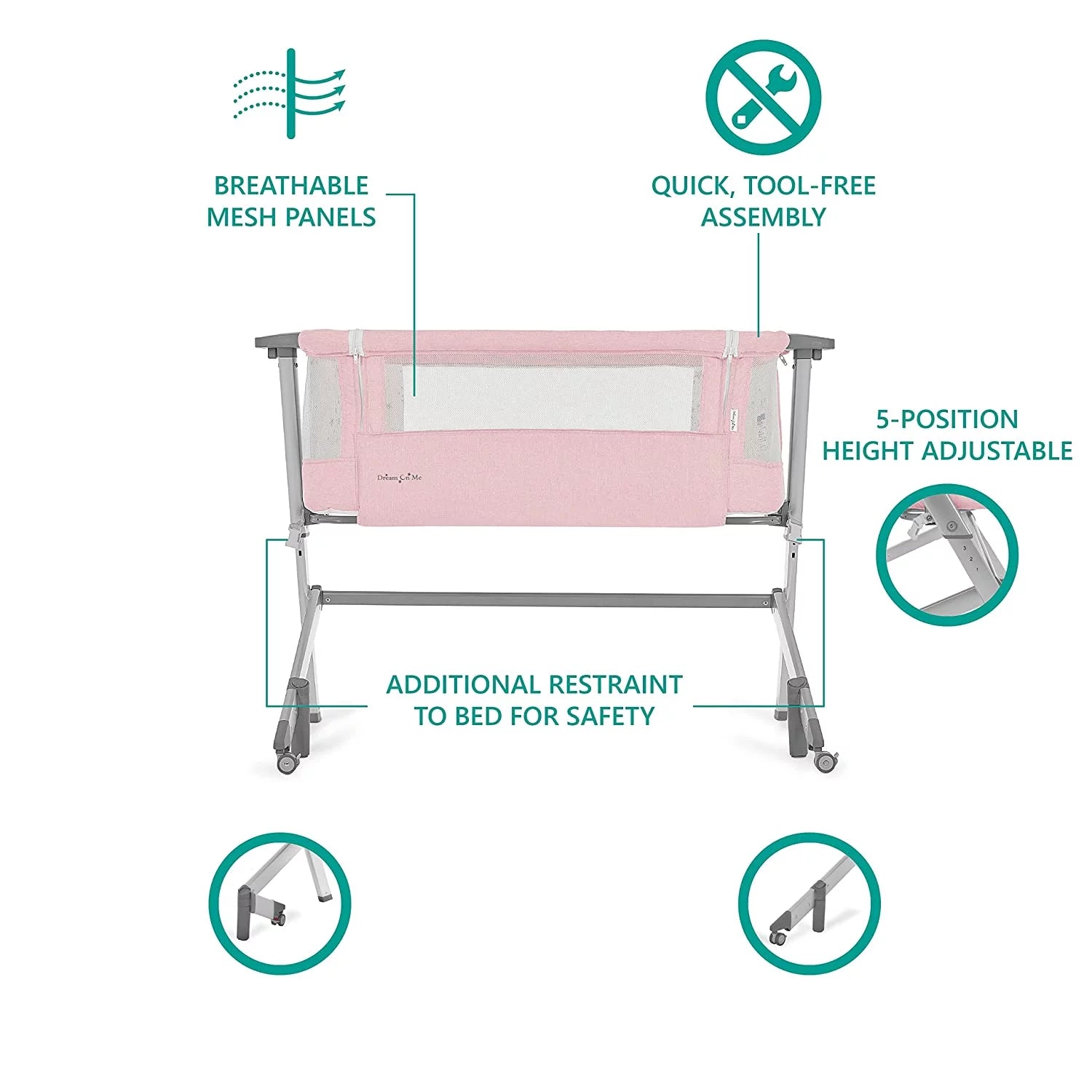 Pink Portable Baby Bassinet with Adjustable Height and Foldable Design V86789