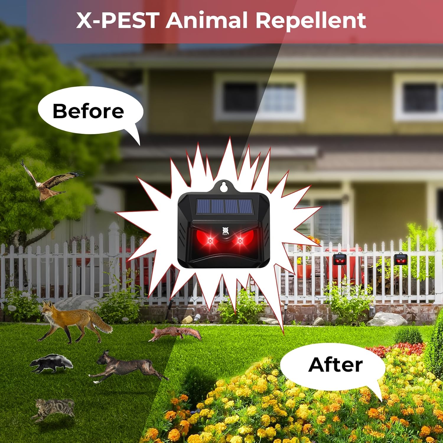 Solar Animal Repeller, Red LED Light Outdoor Deterrent for Garden Yard A27126