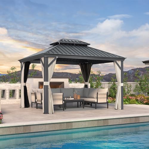 10' x 14' Permanent Hardtop Gazebo with Galvanized Steel Double Roof, Curtains and Netting Included M96664