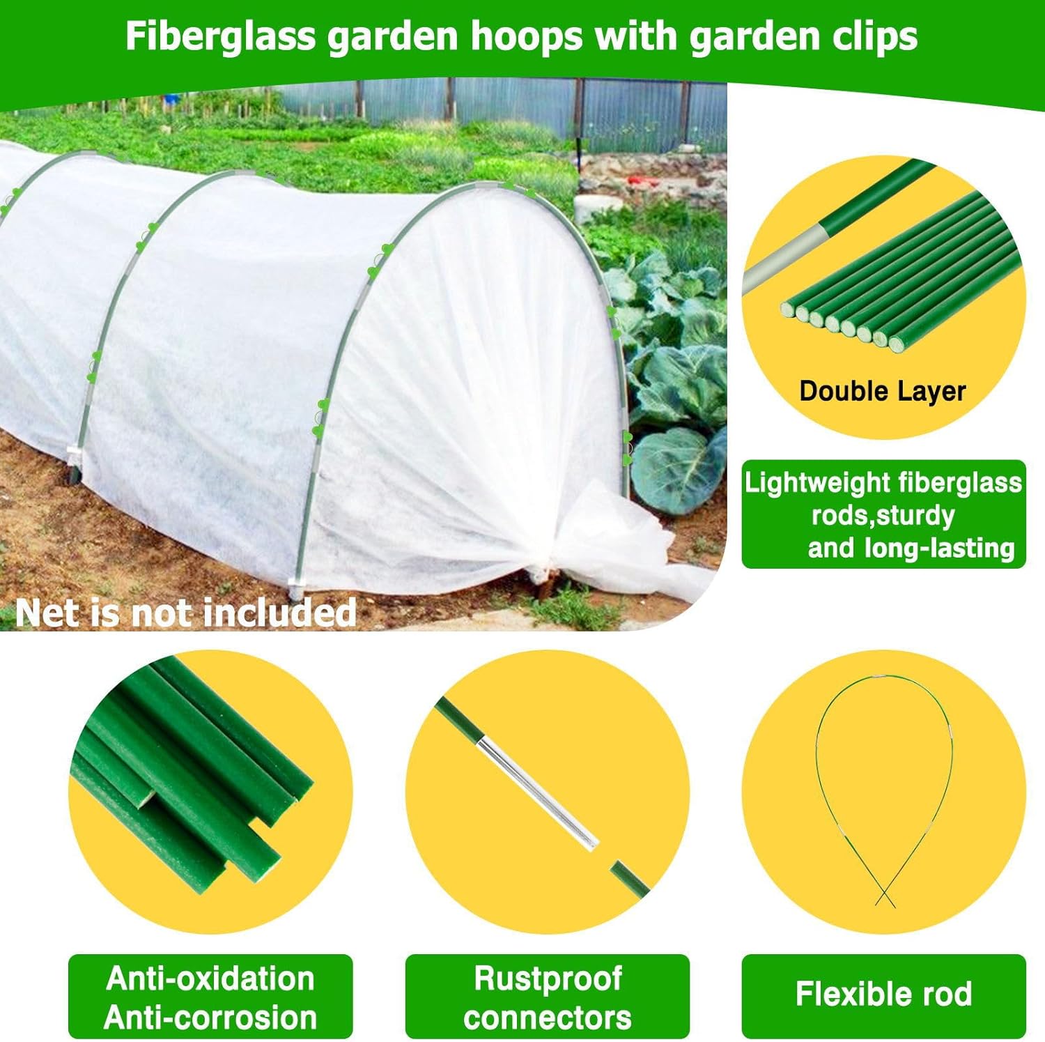 Garden Hoops for Raised Beds, 8ft Greenhouse Grow Tunnel with Clips J37588
