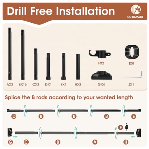 Room Divider Curtain Rod, No Drilling, Adjustable 4-10ft Height, Black W79312