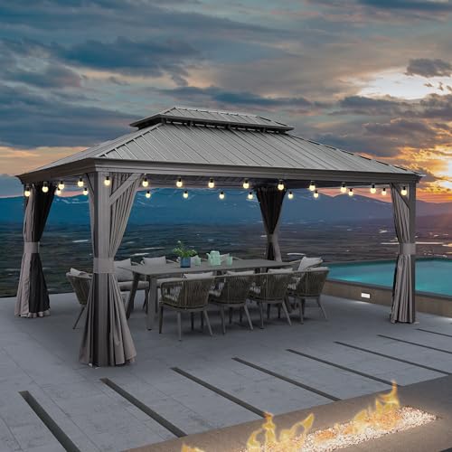 10' x 14' Permanent Hardtop Gazebo with Galvanized Steel Double Roof, Curtains and Netting Included M96664