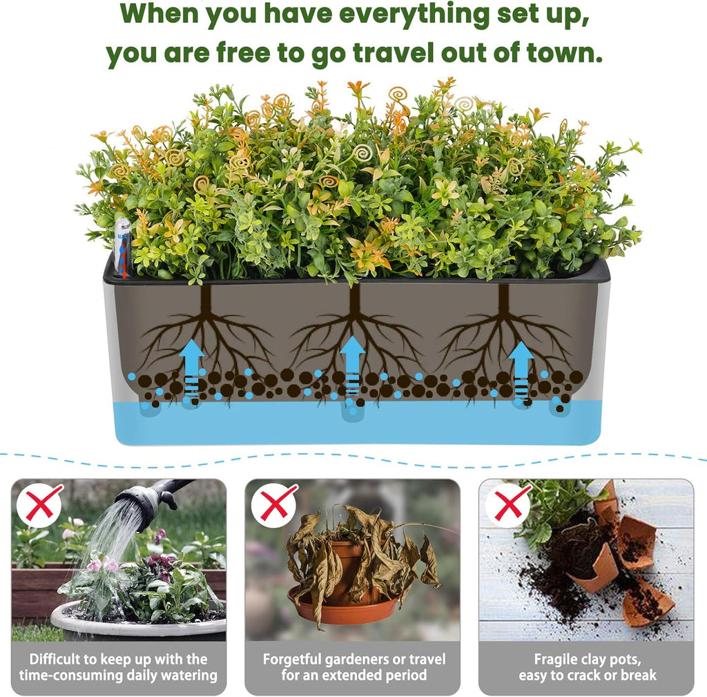 Self-Watering Rectangular Planters for Indoor Herb Garden, 2-Pack with Water Gauge P2110