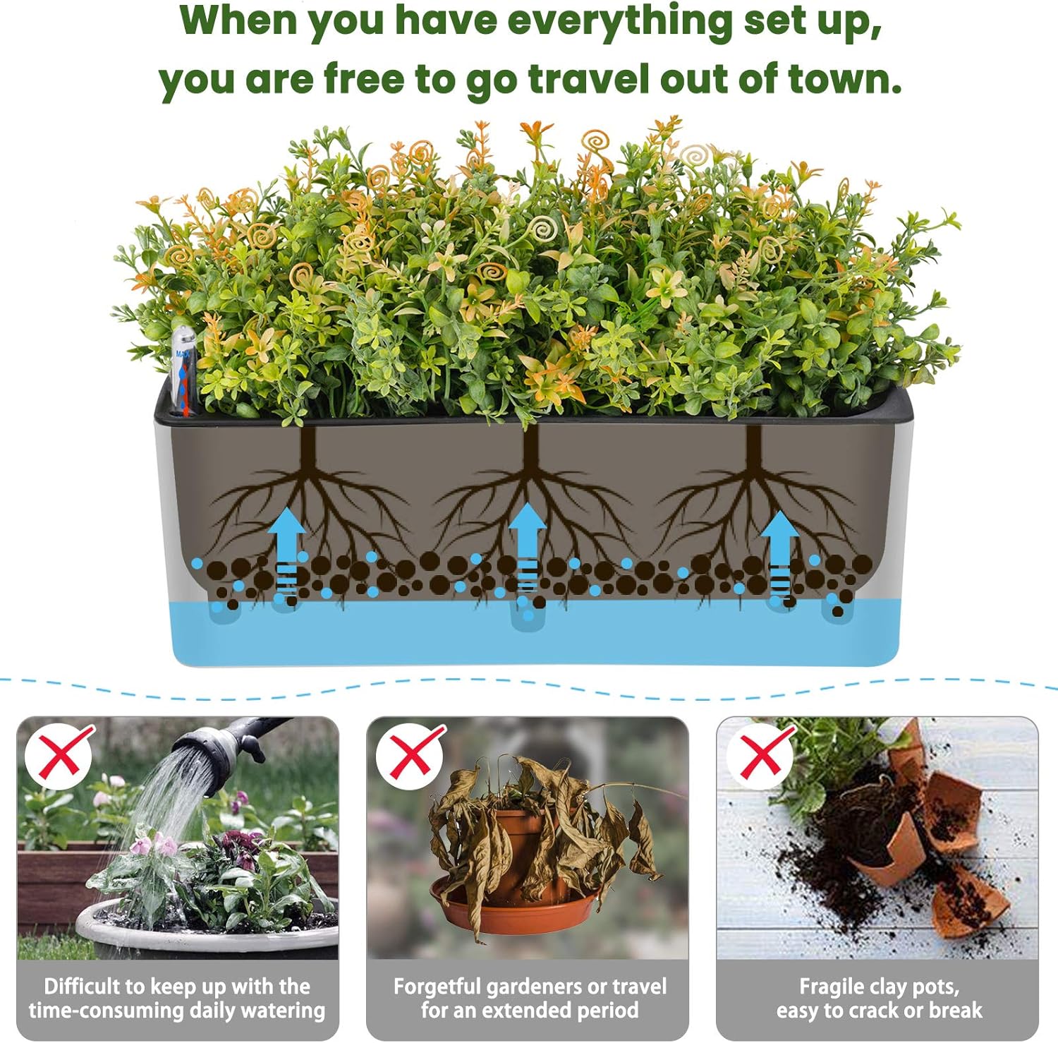 Self-Watering Rectangular Planters for Indoor Herb Garden, 2-Pack with Water Gauge P2110