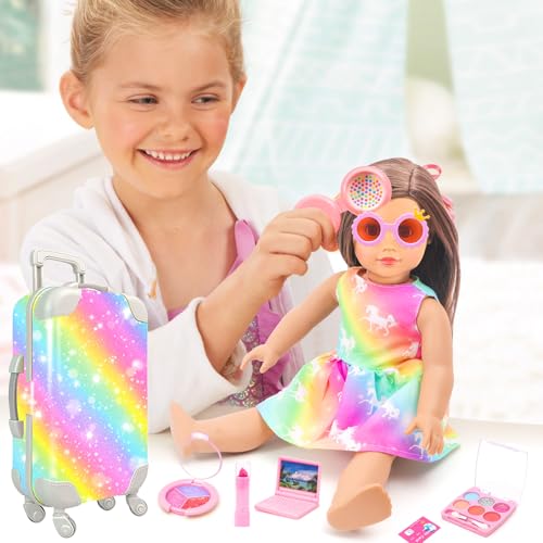18 Inch Doll Travel Set with Suitcase, Dress, Camera, Phone, Neck Pillow & Sunglasses M666