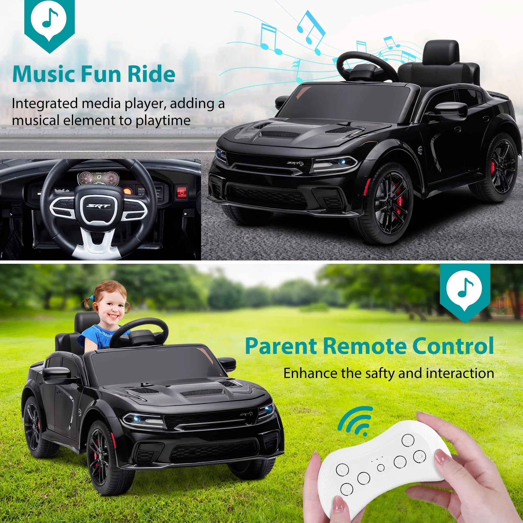 12V Black Dodge Charger Ride On Car with Remote Control, Kids Electric Toy with Bluetooth, LED Light, 4 Wheel Suspension B4884