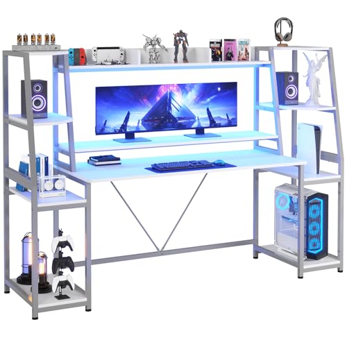Gaming Desk with LED Lights, Hutch and Storage Shelves, Black R364