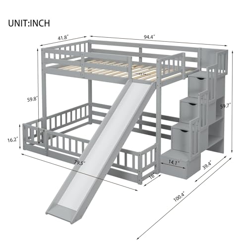 Twin Over Full Bunk Bed with Slide and Storage Stairs C57577