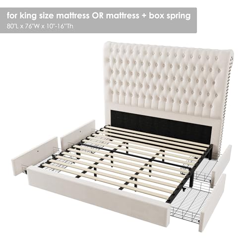 Velvet Upholstered King Bed Frame with Tall Headboard and Storage Drawers L58367
