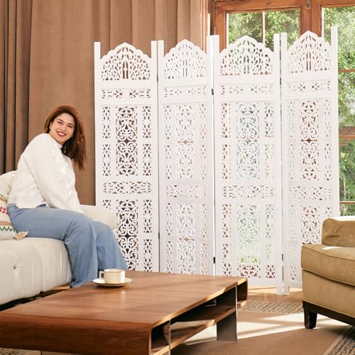 Wood Carved Room Divider 4 Panel Folding Screen Z937290