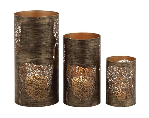 Deco 79 79 Eclectic Metal, Hurricane Candle, Decorative Lantern, for Events, Parities, Weddings, Livingroom, Entryway, 12", 9", 5"H, Bronze, 3 Count
