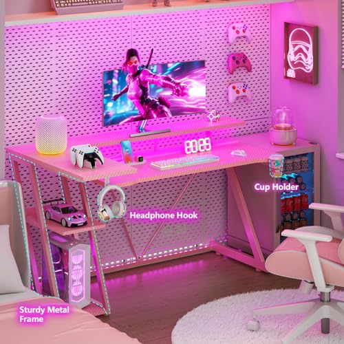 L Shaped Gaming Desk with Power Outlet and LED Lights T64283