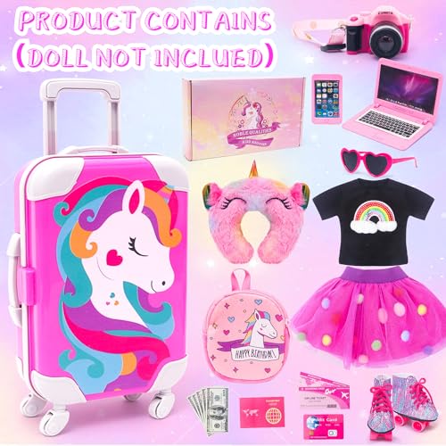 18 Inch Doll Travel Set with Suitcase, Dress, Camera, Phone, Neck Pillow & Sunglasses M666