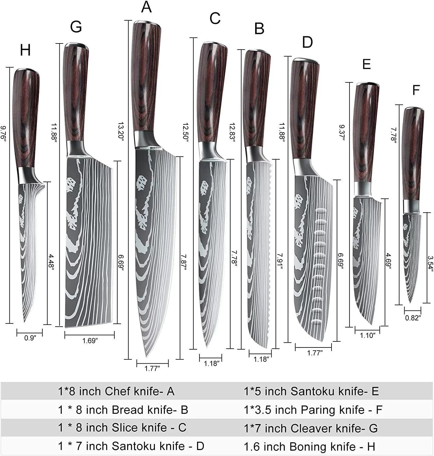 8 Piece Kitchen Chef Knife Set, 3.5-8 Inch, Stainless Steel F15189