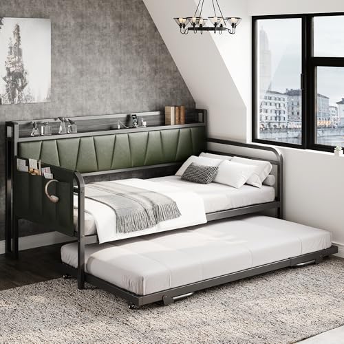 Daybed with Trundle and Storage Headboard, Twin Size, Grey M473750