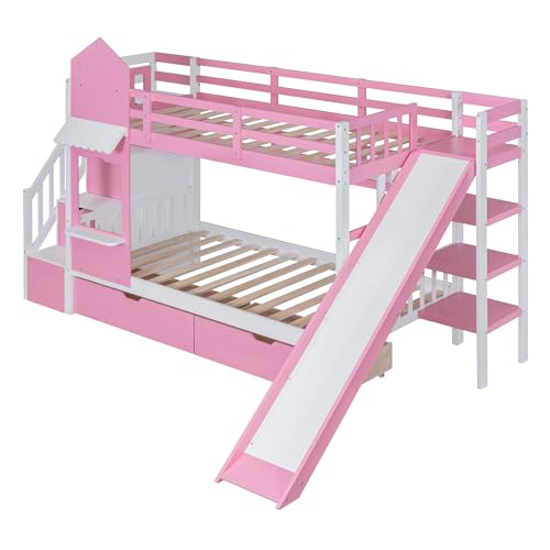 Kids Bunk Bed with Stairs and Slide, Twin Over Twin, Gray E77813