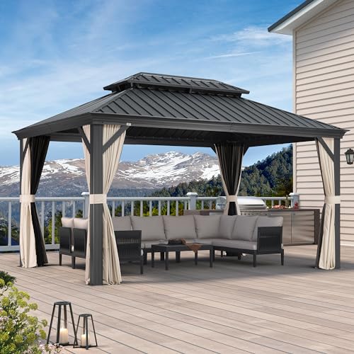 10' x 14' Permanent Hardtop Gazebo with Galvanized Steel Double Roof, Curtains and Netting Included M96664
