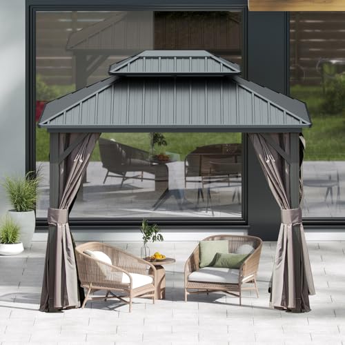 10 x 10 ft Hardtop Gazebo with Netting and Curtains, Galvanized Steel Roof for Patio and Garden X50618