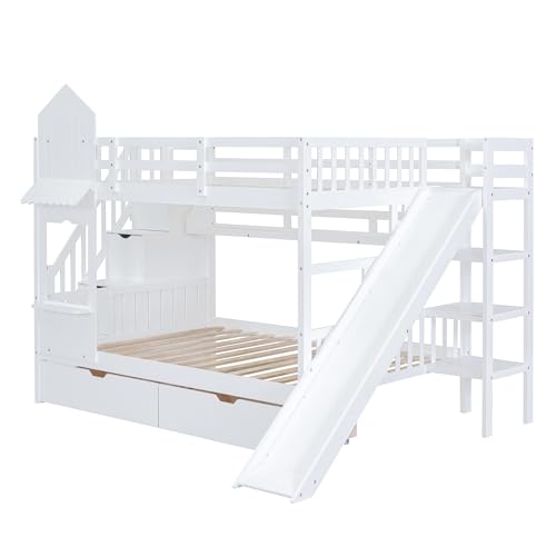 Twin Over Twin Bunk Bed with Stairs and Slide, Solid Wood Frame with Storage Y2445