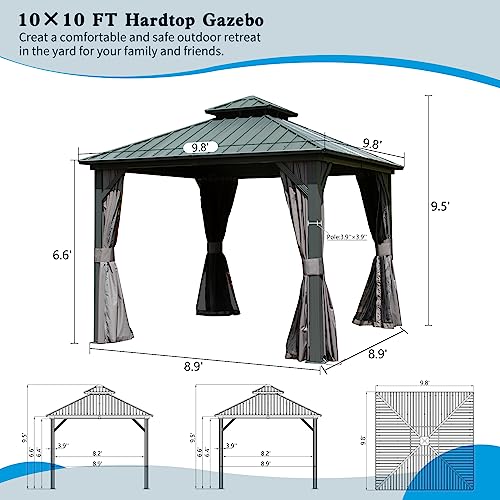 10 x 10 ft Hardtop Gazebo with Netting and Curtains, Galvanized Steel Roof for Patio and Garden X50618