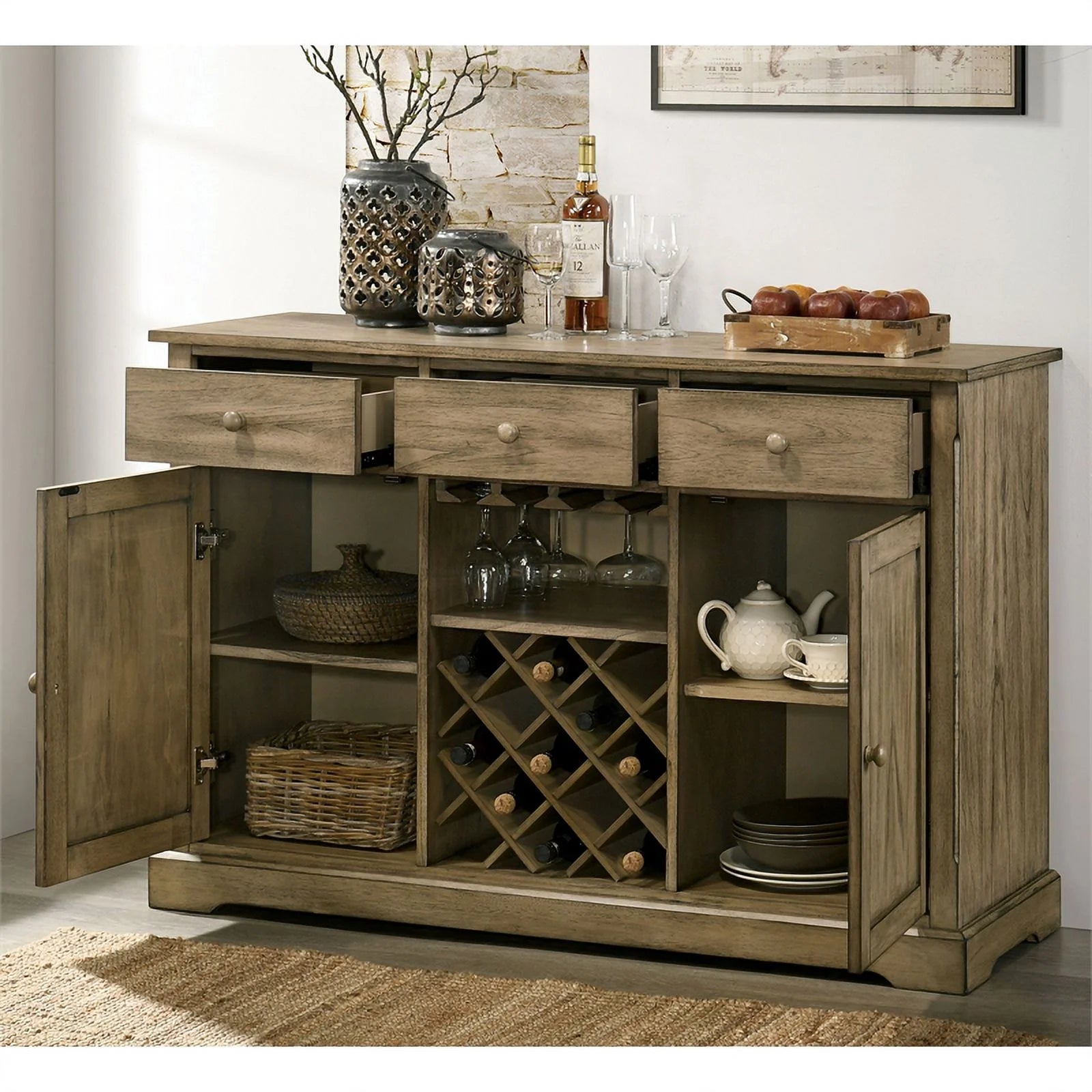 Rustic Wood Server with Wine Rack in Light Brown D8147