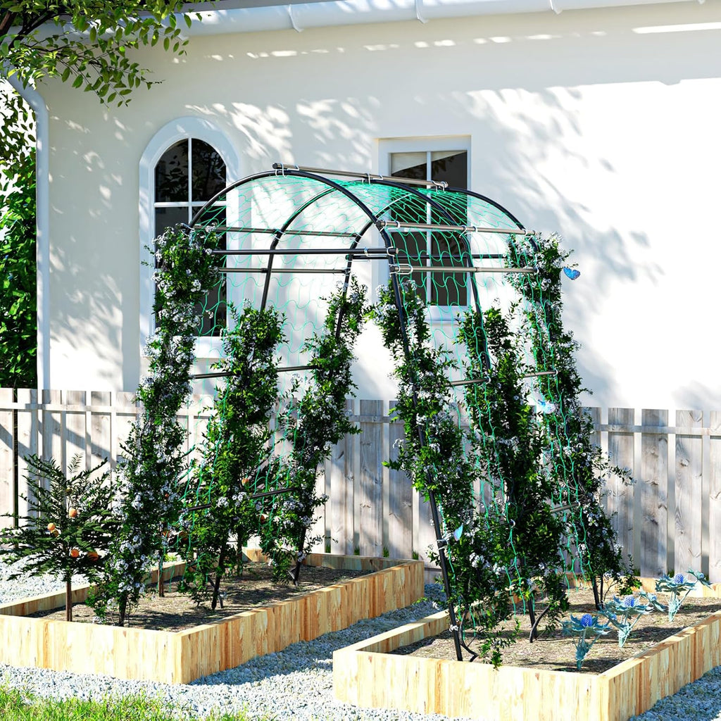 Garden Arch Trellis for Climbing Plants Outdoor, 7 Ft Tall Metal Archway with Nylon Net Z6359