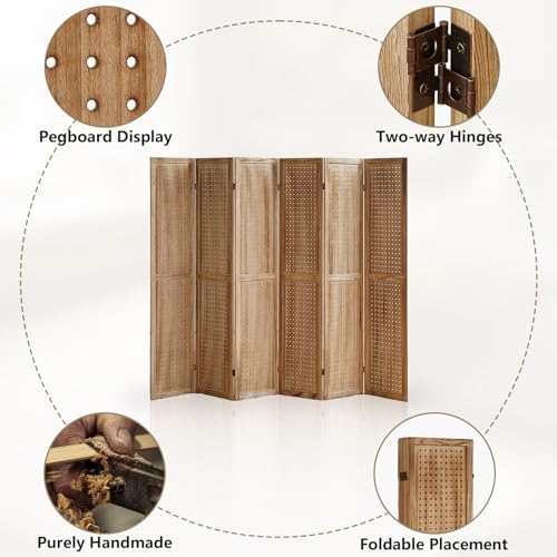 Wooden Pegboard Room Divider, 5.6Ft Folding Privacy Screen P5676