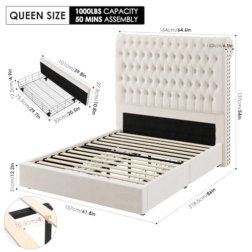 Velvet Upholstered King Bed Frame with Tall Headboard and Storage Drawers L58367