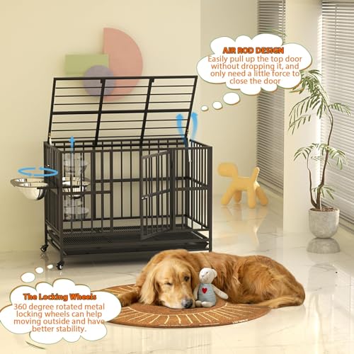 48" Heavy-Duty Dog Crate with Wheels and Dual Adjustable Bowls F169