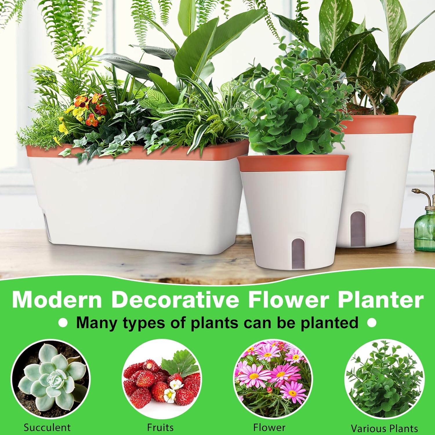 Self Watering Window Planter Box Set for Indoor Plants, Flowers, Succulents V8149