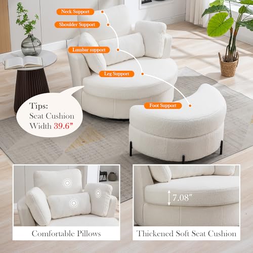 Oversized Swivel Barrel Chair with Ottoman, Chenille, Beige X252712
