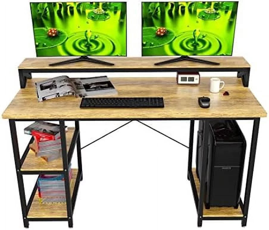 Industrial Computer Desk with Monitor Shelf, 55 Inch, Walnut and Black G1348