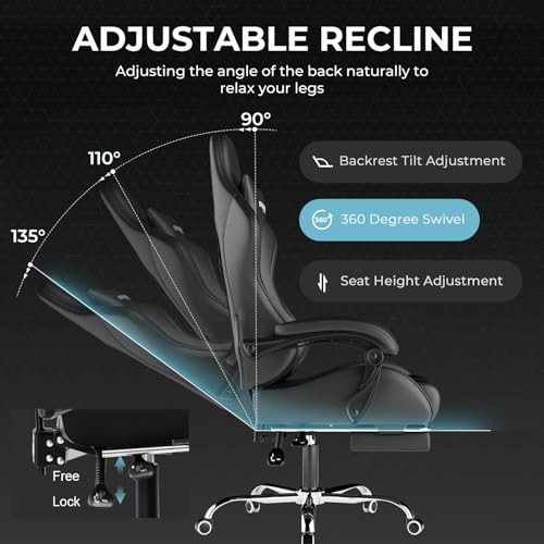 Gaming Chair with Footrest and Lumbar Support, Height Adjustable, 360° Swivel, Blue U7447